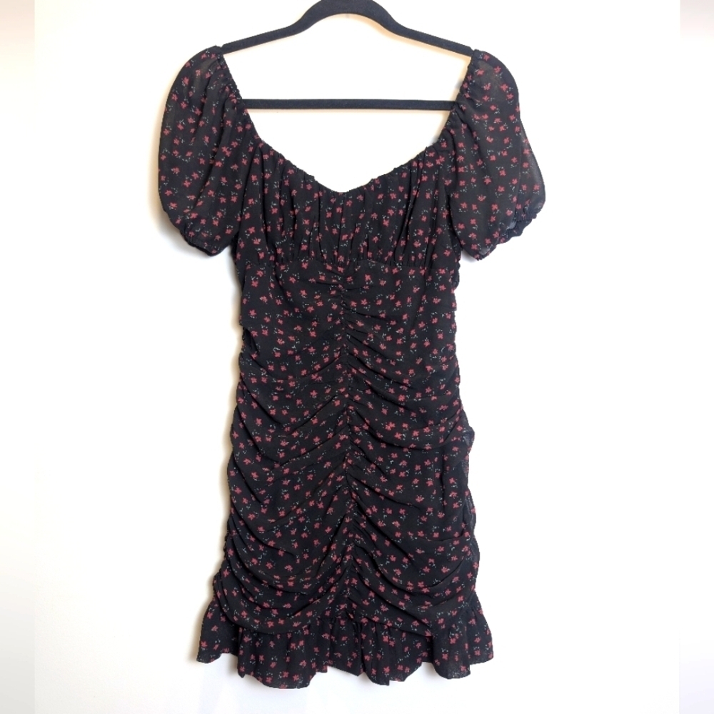 Black Floral Ruched Ruffle Romantic Mini Dress Size Medium